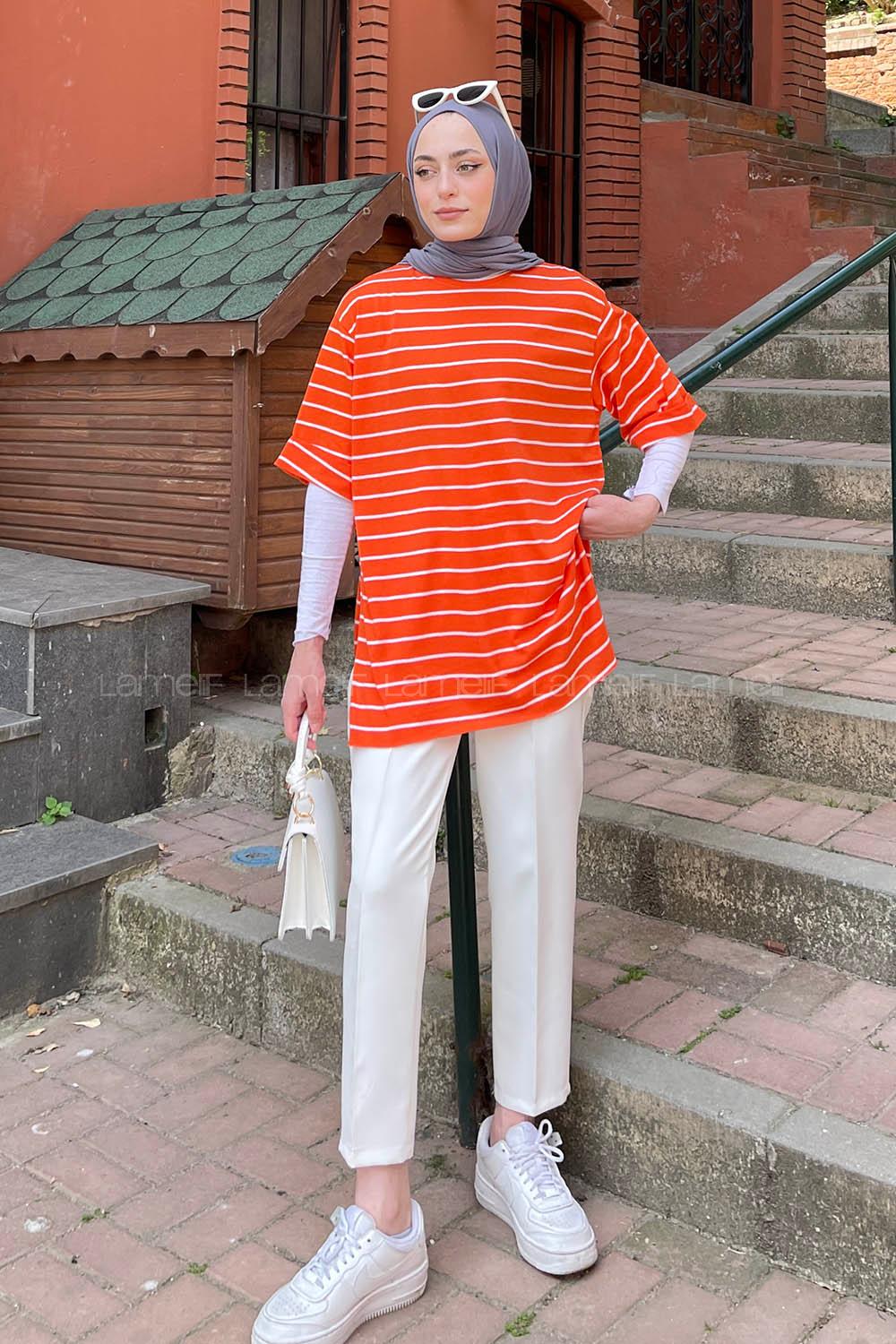 Lamelif Çizgi Desenli T-Shirt  Turuncu