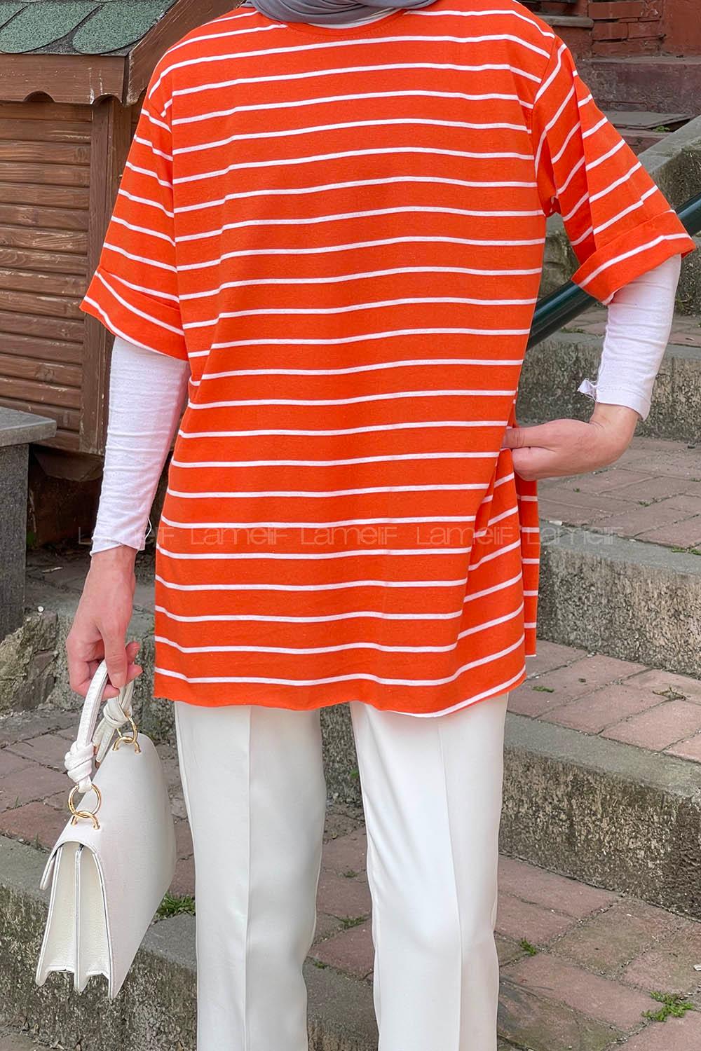 Lamelif Çizgi Desenli T-Shirt  Turuncu