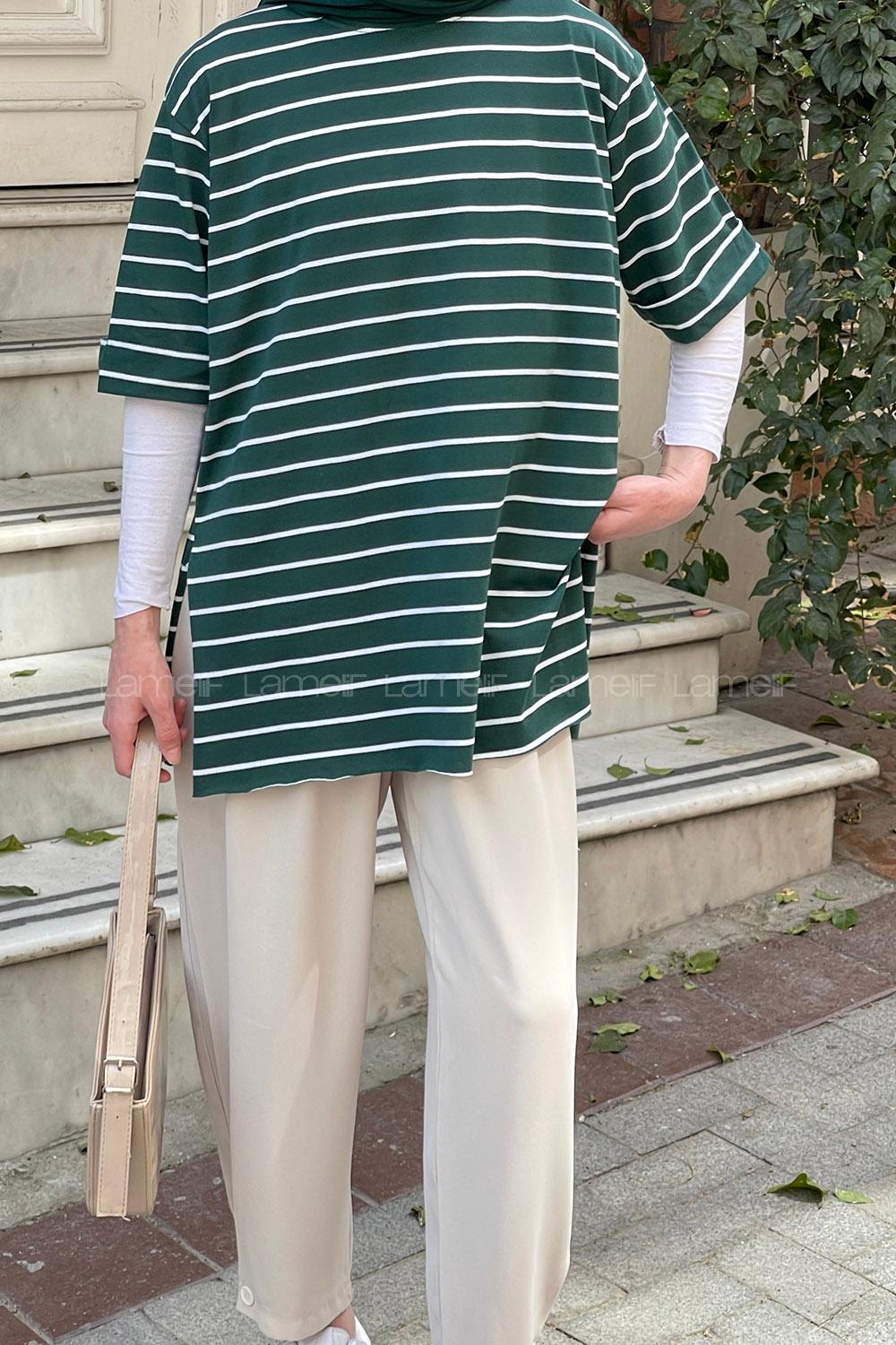 Lamelif Çizgi Desenli T-Shirt  Zümrüt