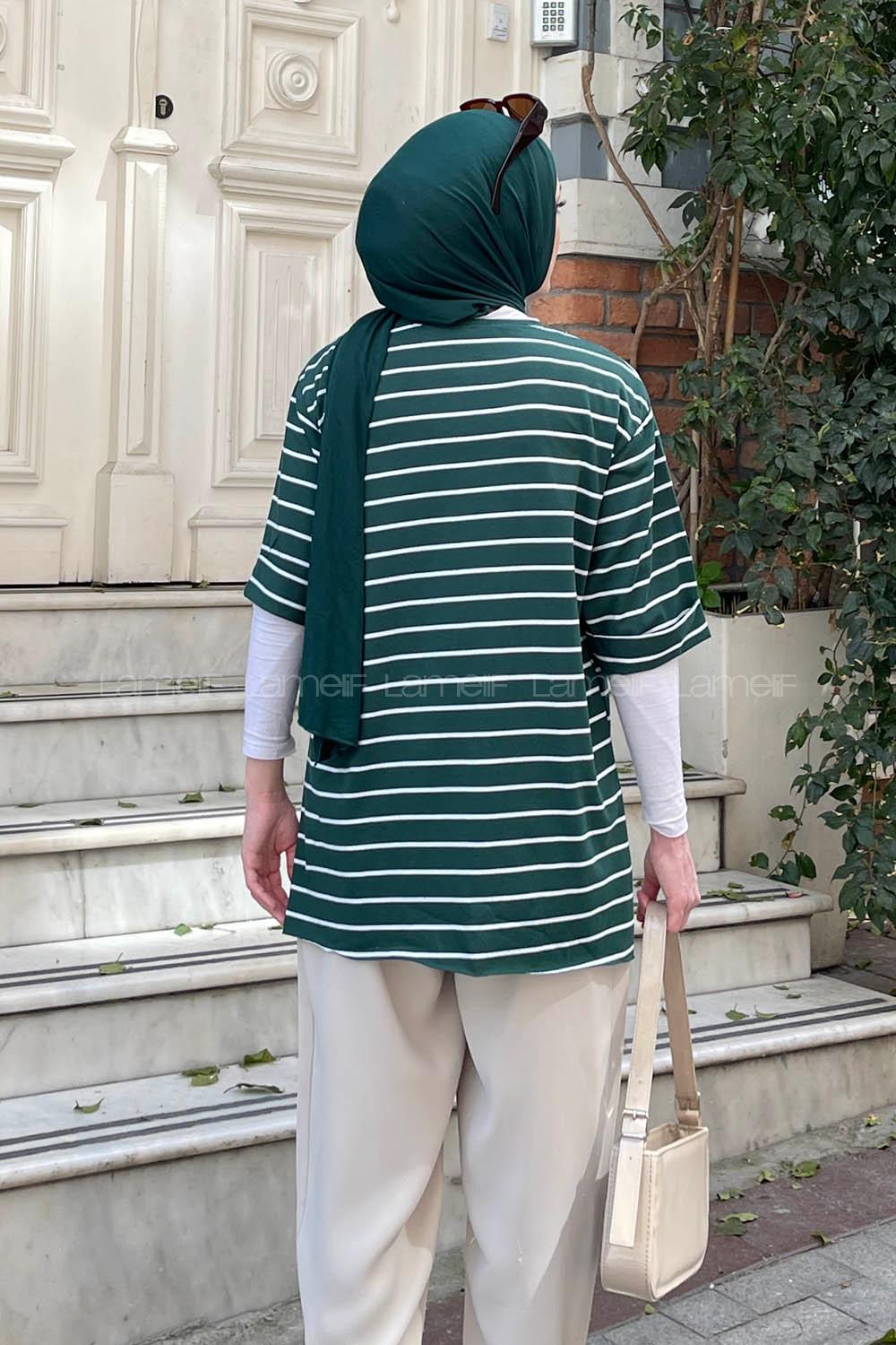 Lamelif Çizgi Desenli T-Shirt  Zümrüt