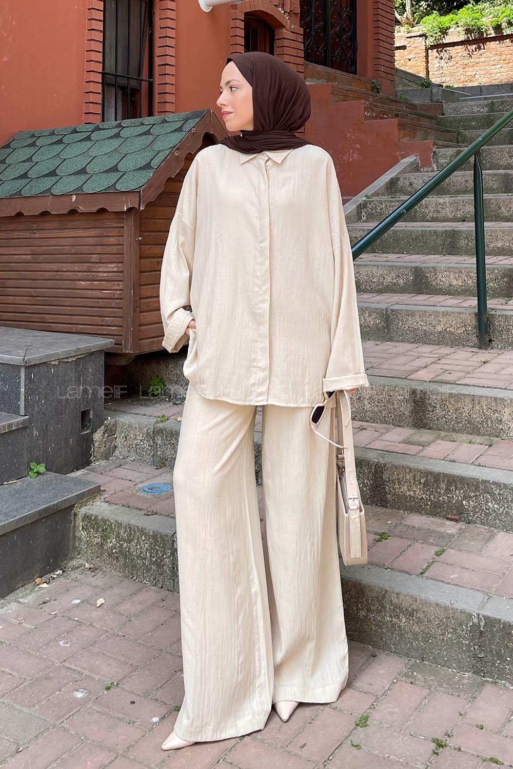 Lamelif İkili Gofre Tesettür Takım Bej