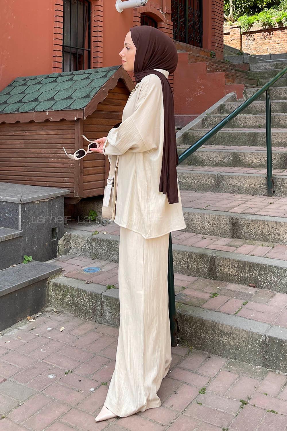 Lamelif İkili Gofre Tesettür Takım Bej