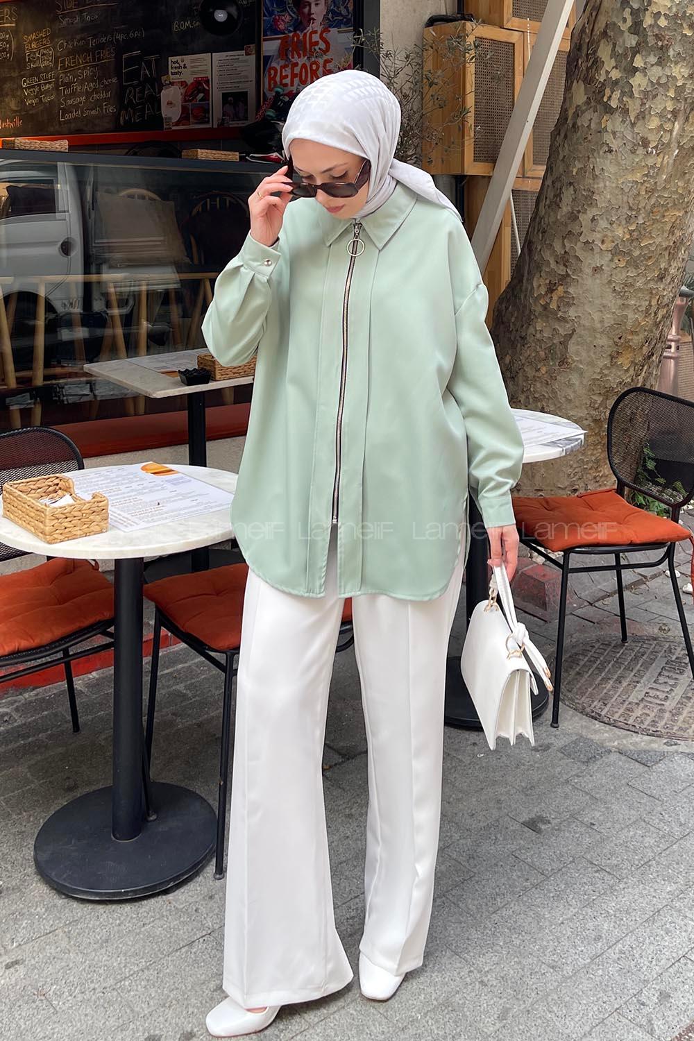 Plum Green Shirt Collar Viscose Fabric Unprinted Tunic