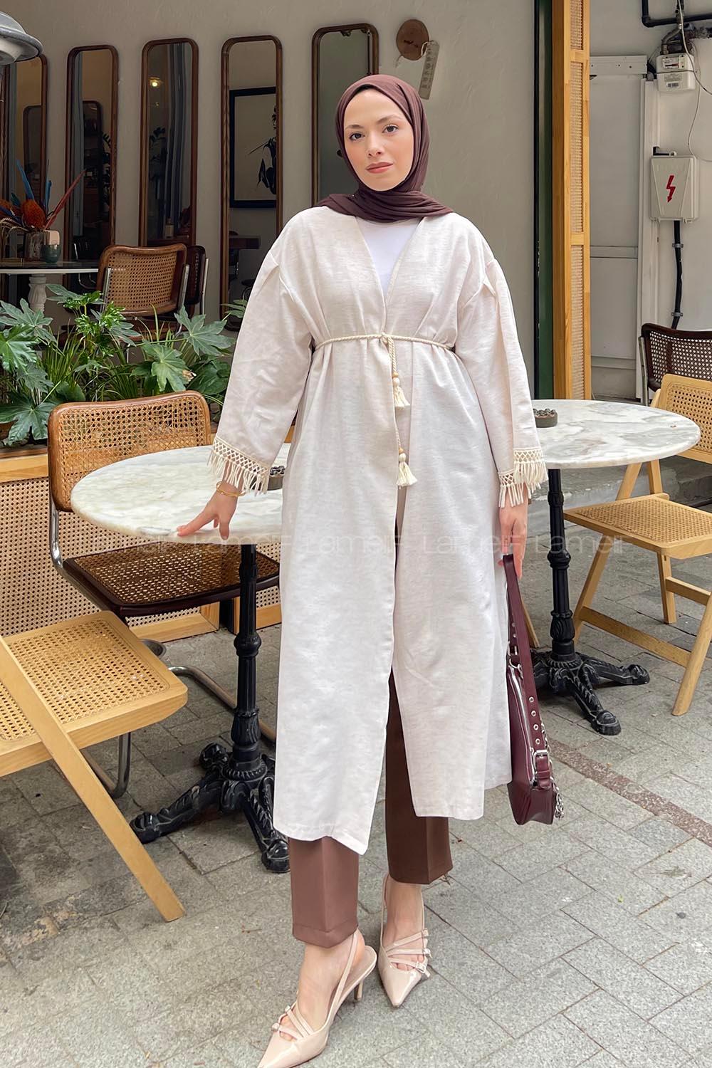 Cream V Neck Short Arm Linen Cardigan