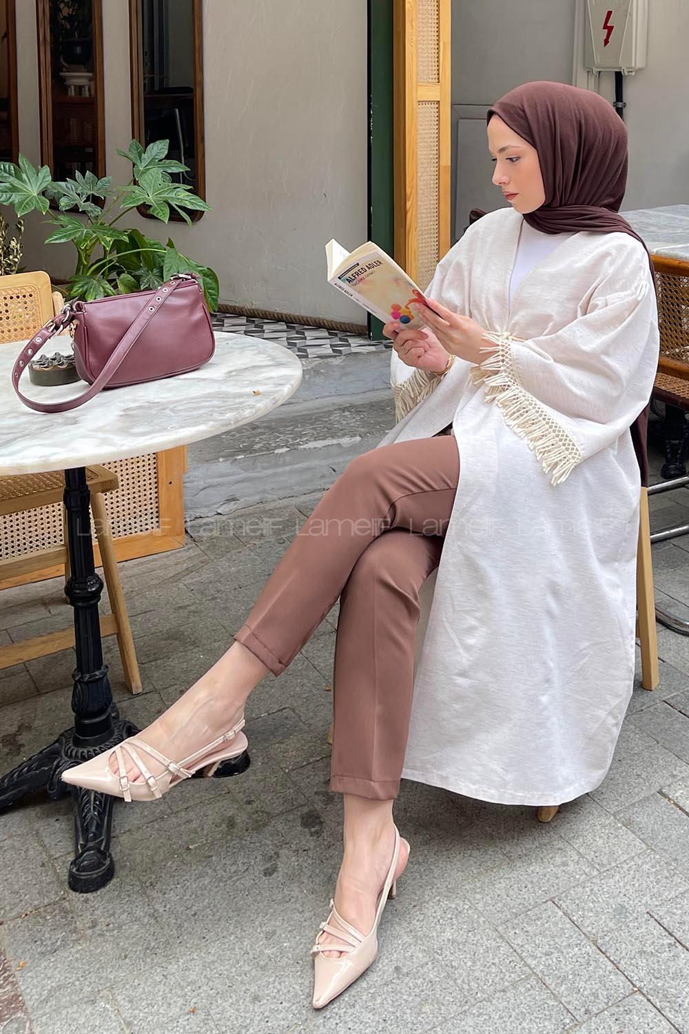 Cream V Neck Short Arm Linen Cardigan