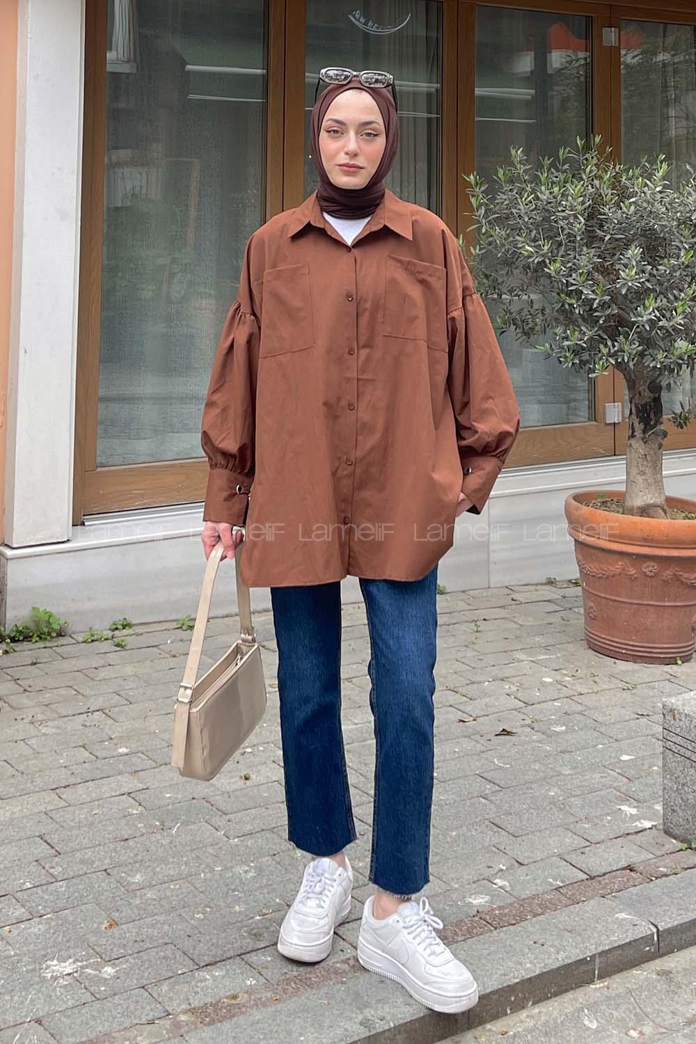 Lamelif Kol Bağlama Detaylı Oversize Gömlek Acı Kahve