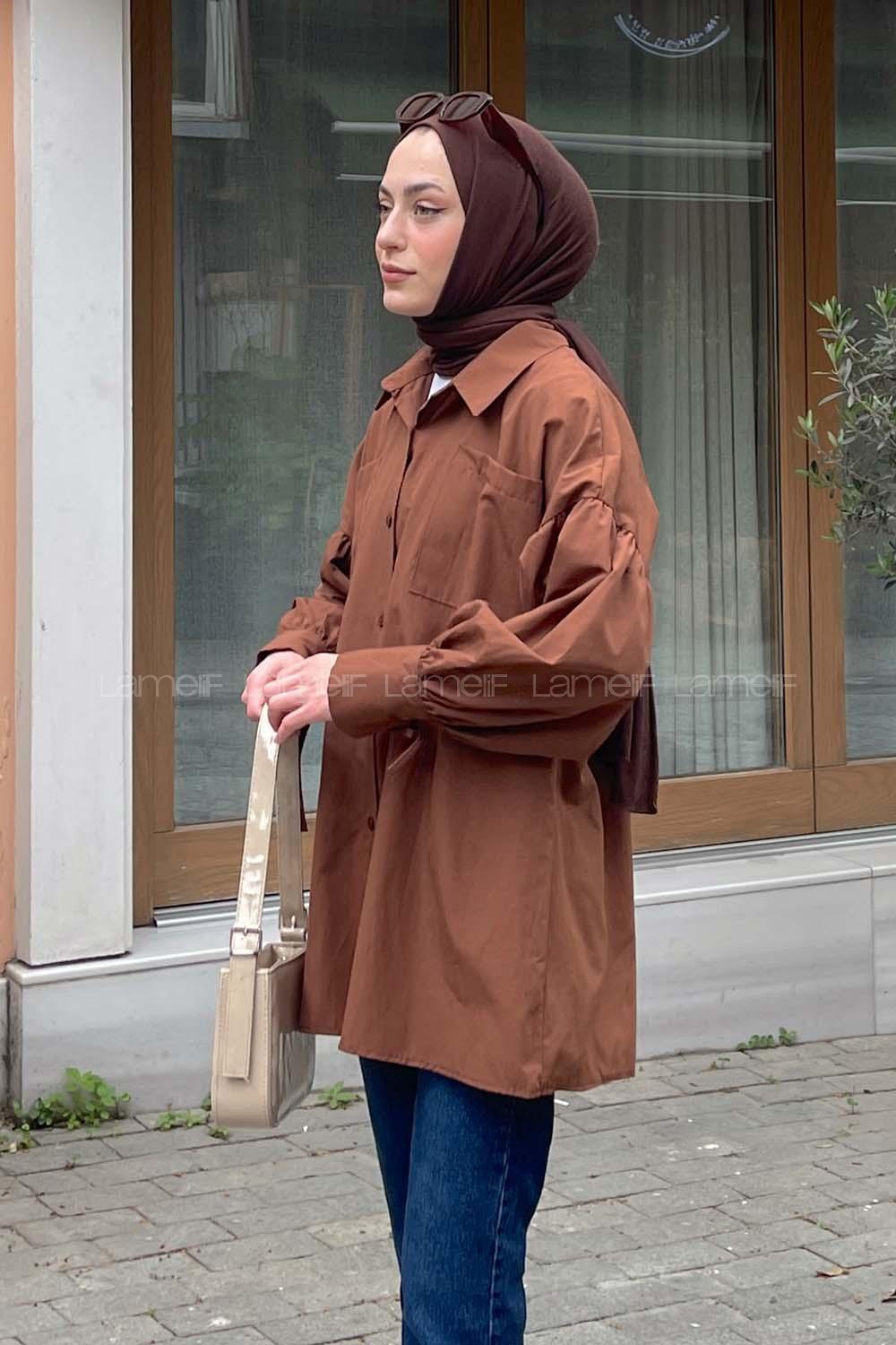 Lamelif Kol Bağlama Detaylı Oversize Gömlek Acı Kahve