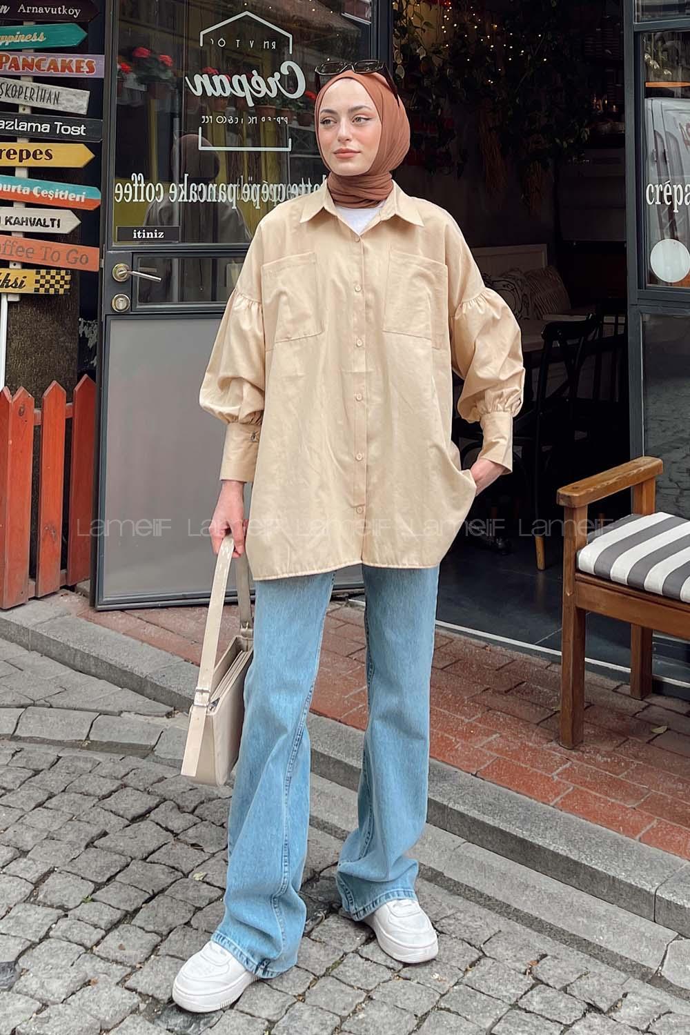 Beige Shirt Collar Long Arm Poplin Fabric Unprinted Shirt