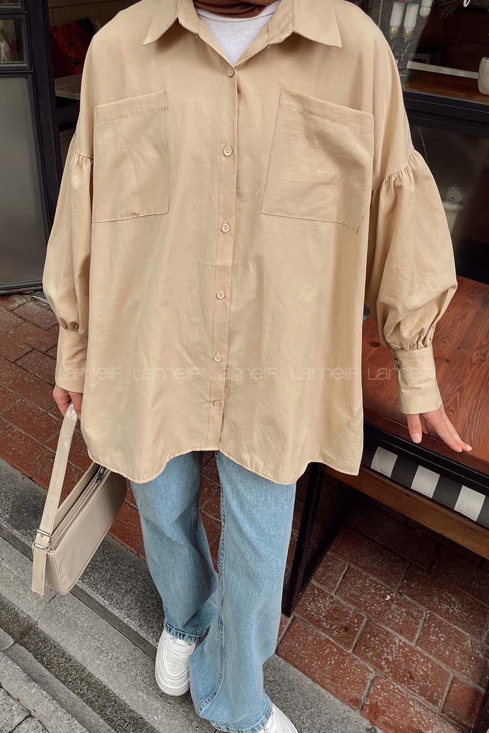 Beige Shirt Collar Long Arm Poplin Fabric Unprinted Shirt