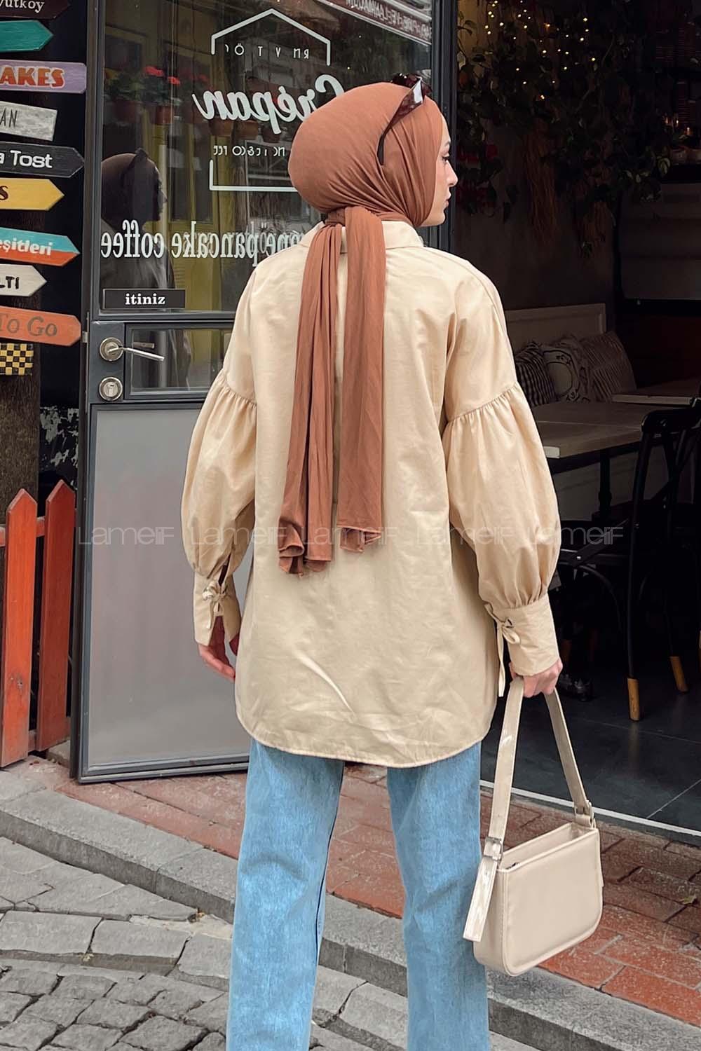 Beige Shirt Collar Long Arm Poplin Fabric Unprinted Shirt