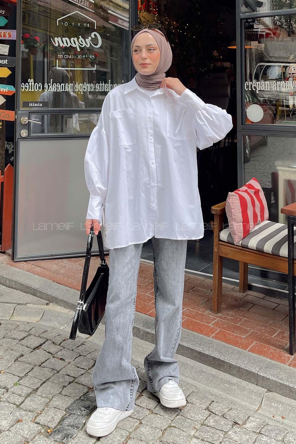 Lamelif Kol Bağlama Detaylı Oversize Gömlek Beyaz