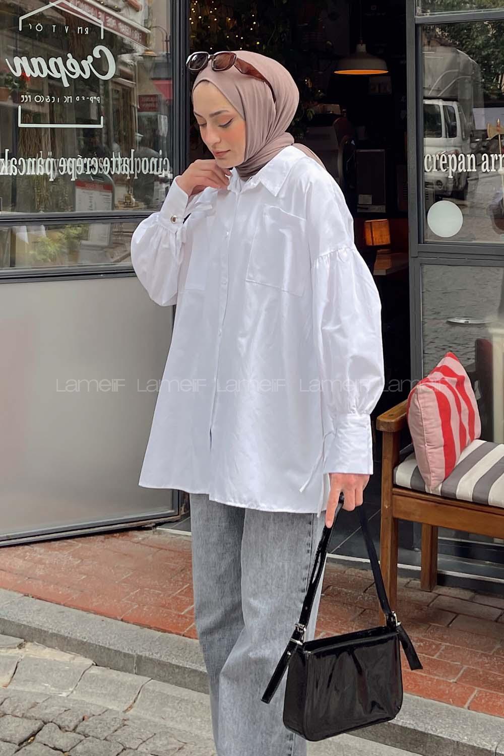 Lamelif Kol Bağlama Detaylı Oversize Gömlek Beyaz