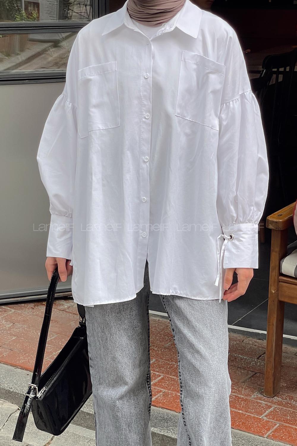 Lamelif Kol Bağlama Detaylı Oversize Gömlek Beyaz