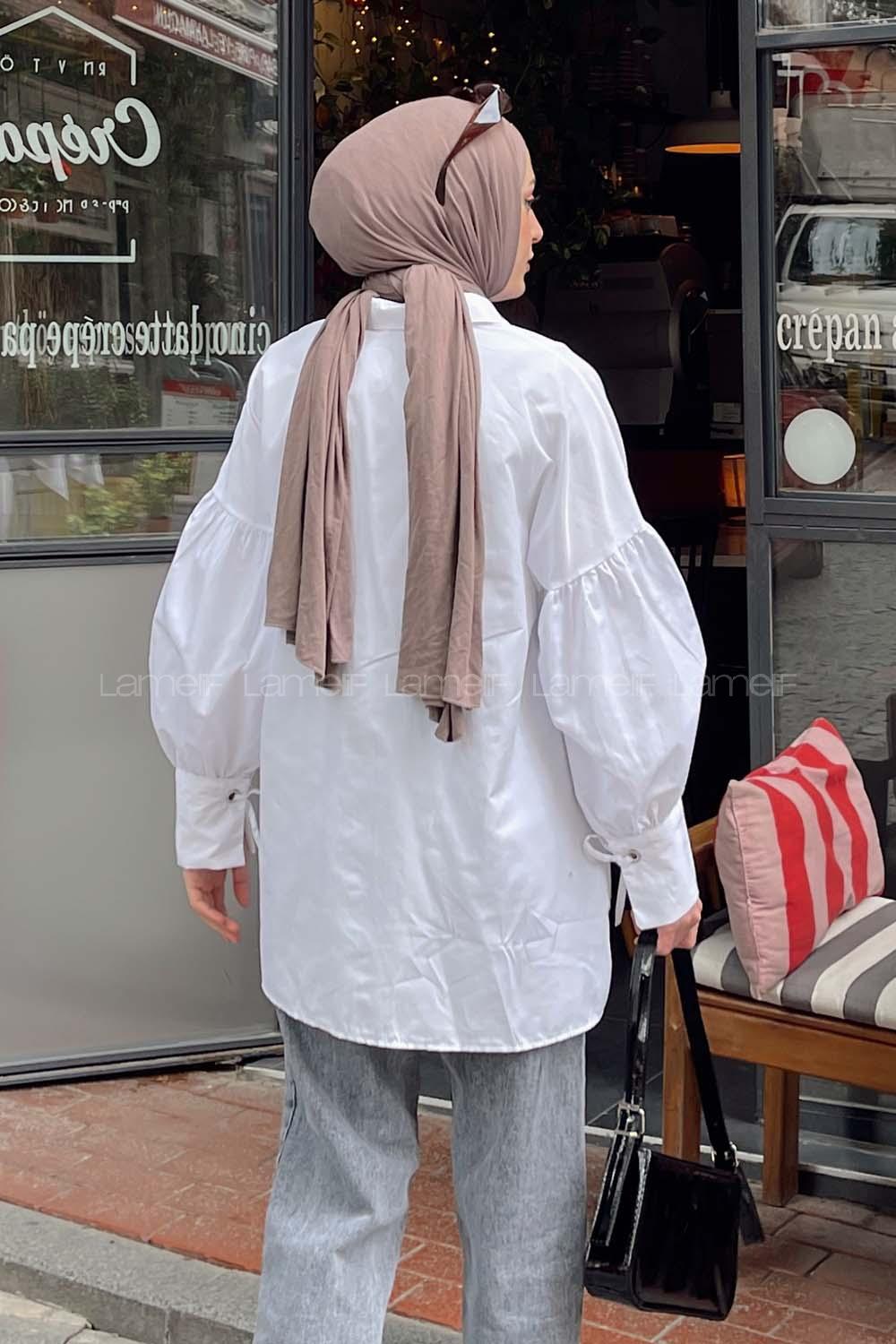 Lamelif Kol Bağlama Detaylı Oversize Gömlek Beyaz