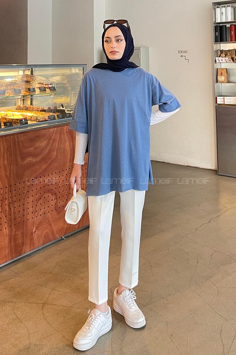 Lamelif Yan Yırtmaç Detaylı Duble Kol T-Shirt İndigo