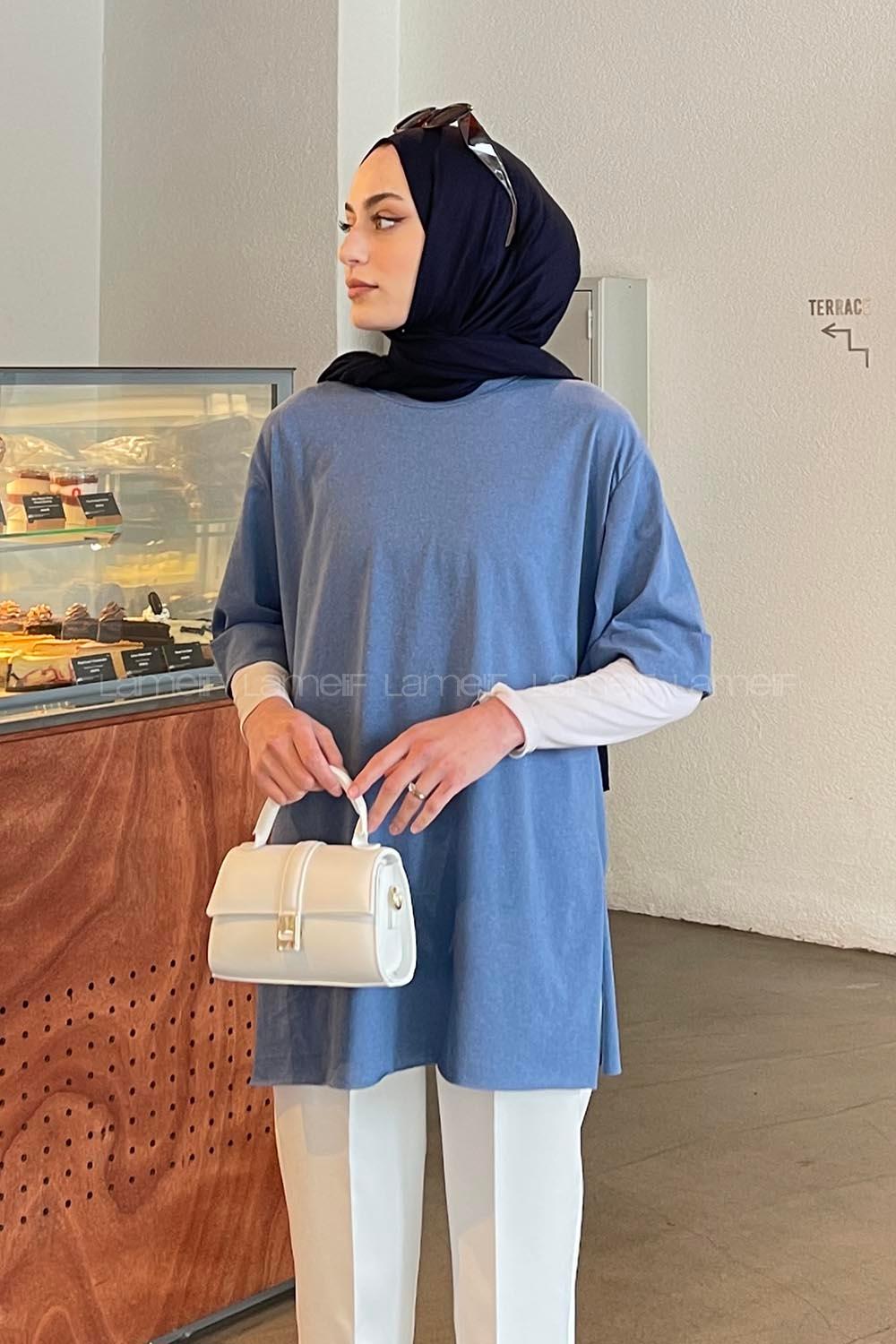 Lamelif Yan Yırtmaç Detaylı Duble Kol T-Shirt İndigo