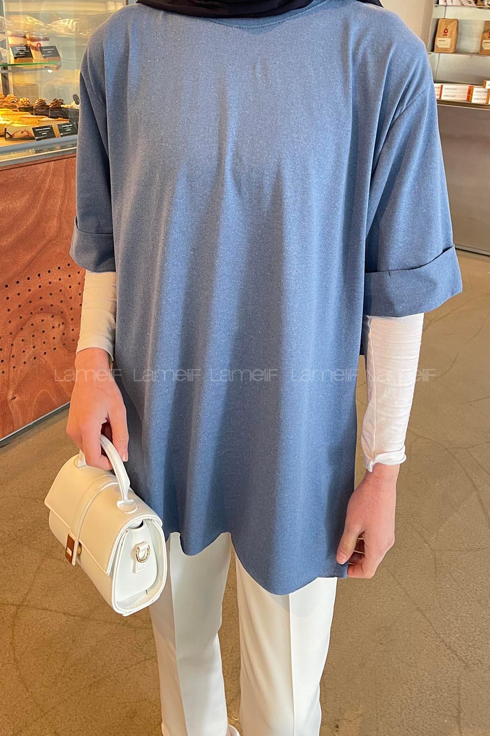 Lamelif Yan Yırtmaç Detaylı Duble Kol T-Shirt İndigo