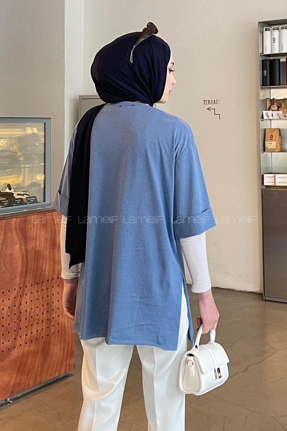 Lamelif Yan Yırtmaç Detaylı Duble Kol T-Shirt İndigo