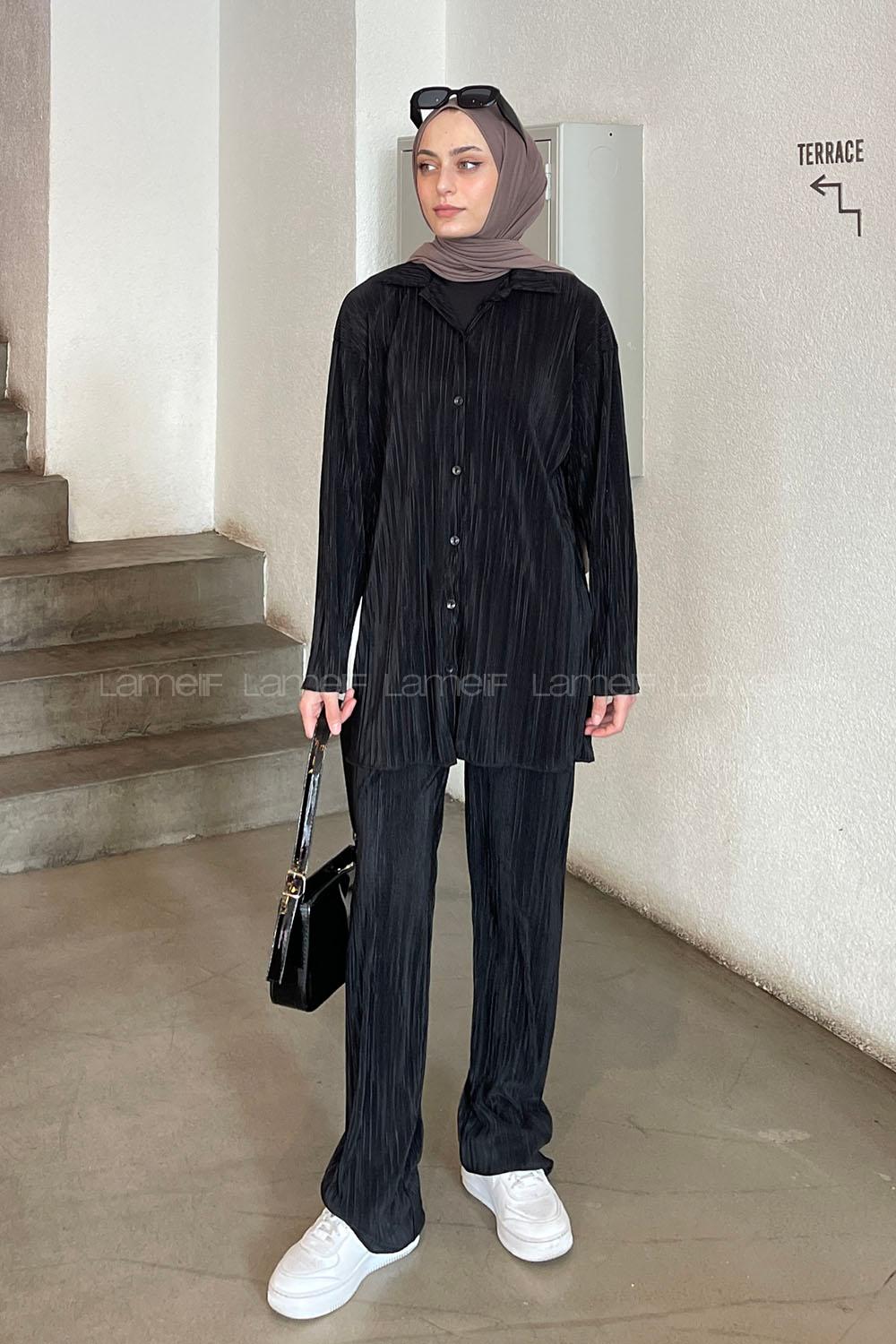 Black Shirt Collar Long Arm Viscose Fabric Regular Trousers Comfortable Suit