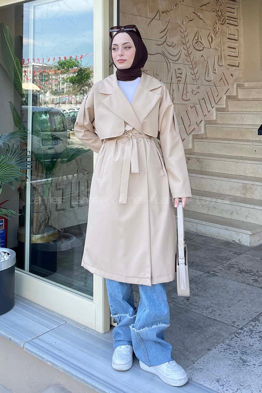 Lamelif Apoletli Klasik Kuşaklı Trençkot Bej