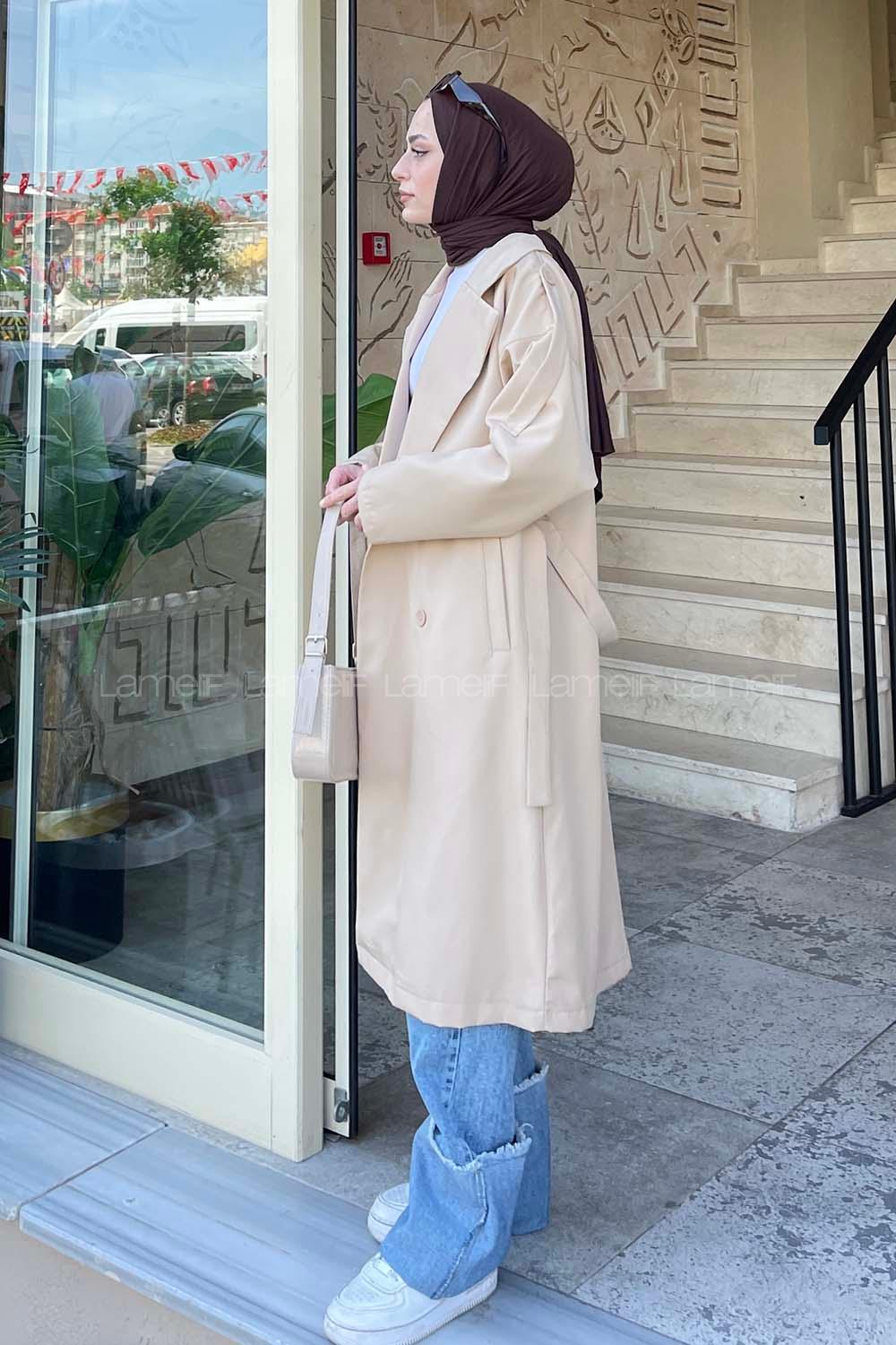 Lamelif Apoletli Klasik Kuşaklı Trençkot Bej