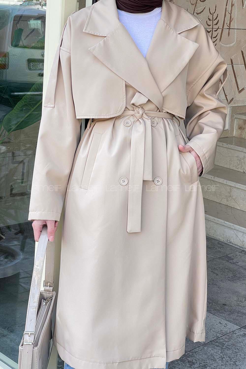 Lamelif Apoletli Klasik Kuşaklı Trençkot Bej