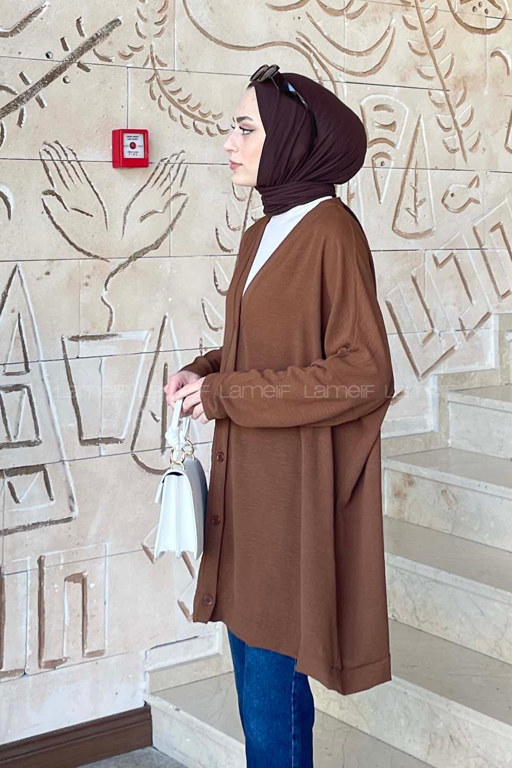 Brown V Neck Bat Sleeve Arm Ayrobin Cardigan