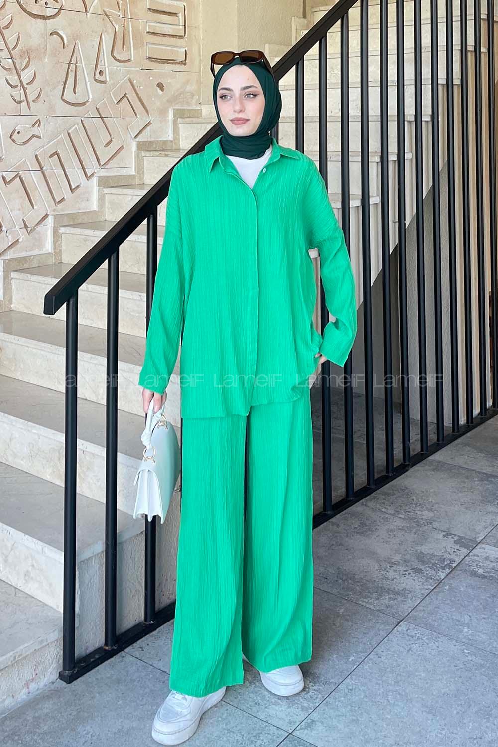 Lamelif İkili Gofre Tesettür Takım Yeşil