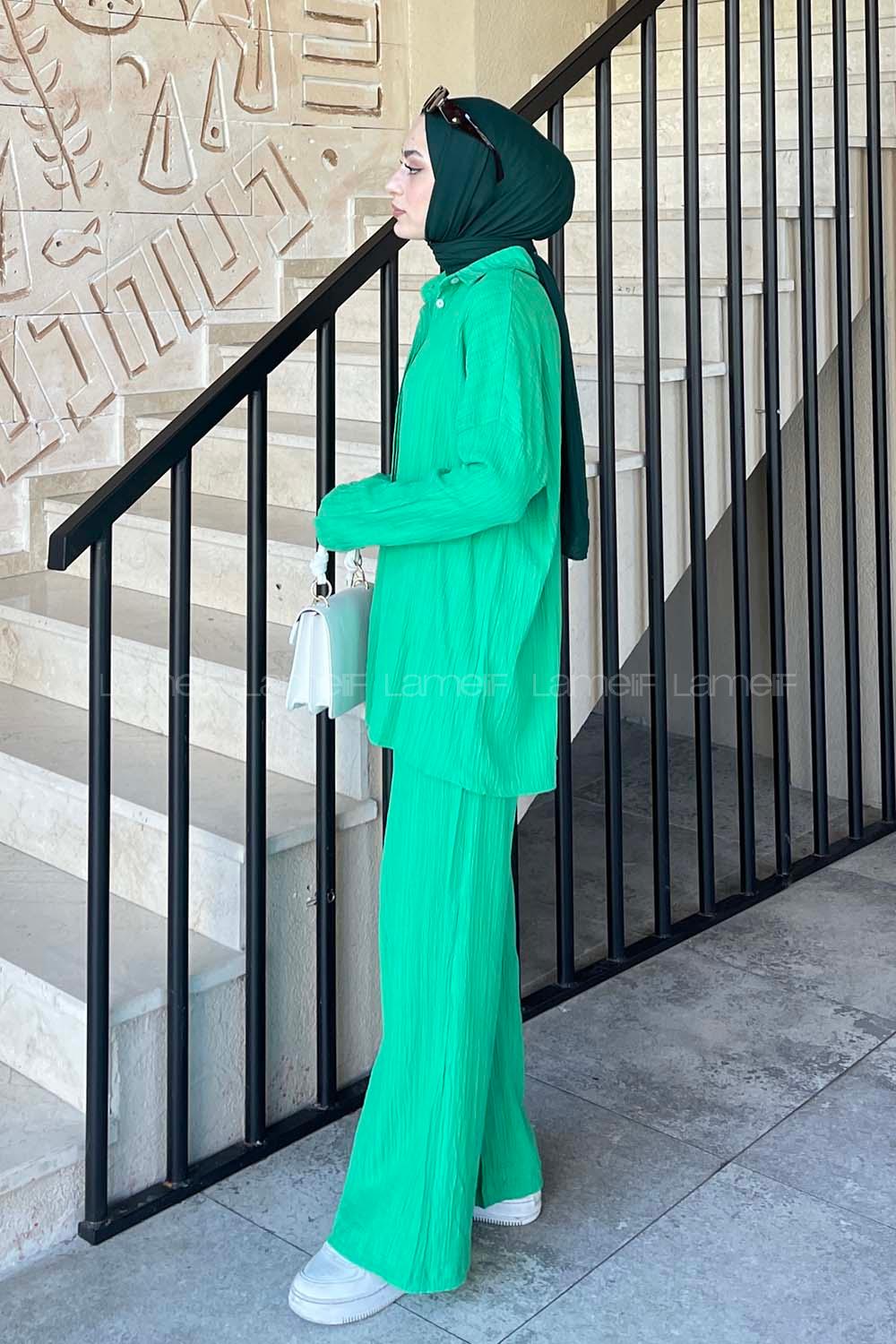 Lamelif İkili Gofre Tesettür Takım Yeşil