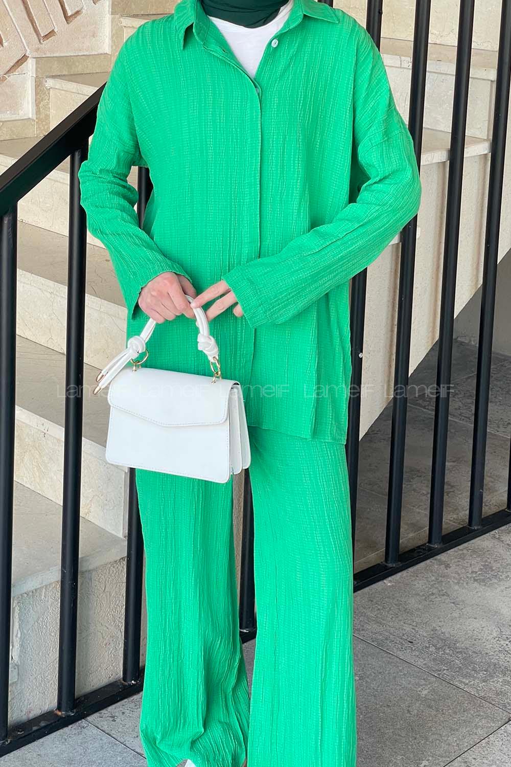 Lamelif İkili Gofre Tesettür Takım Yeşil