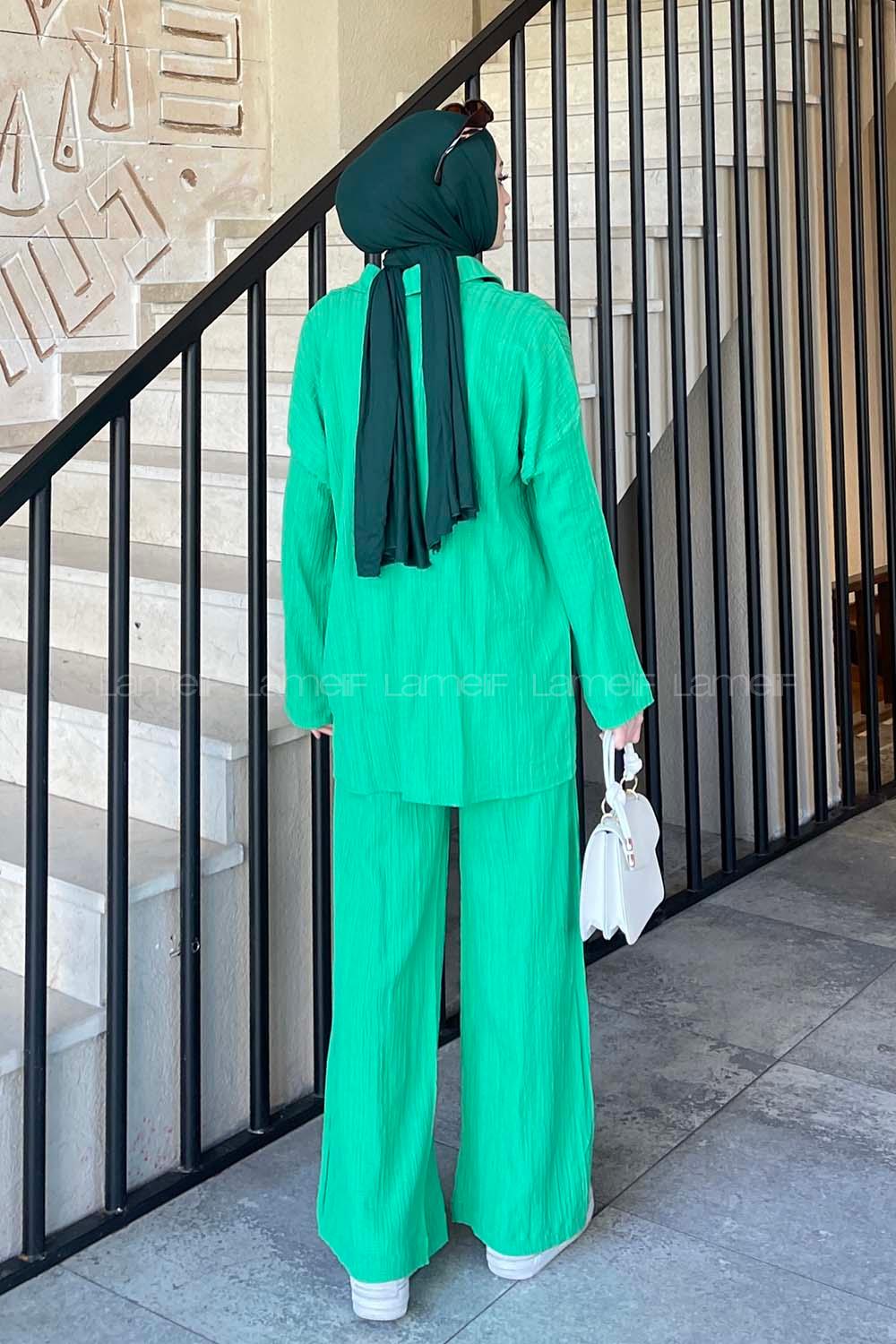 Lamelif İkili Gofre Tesettür Takım Yeşil