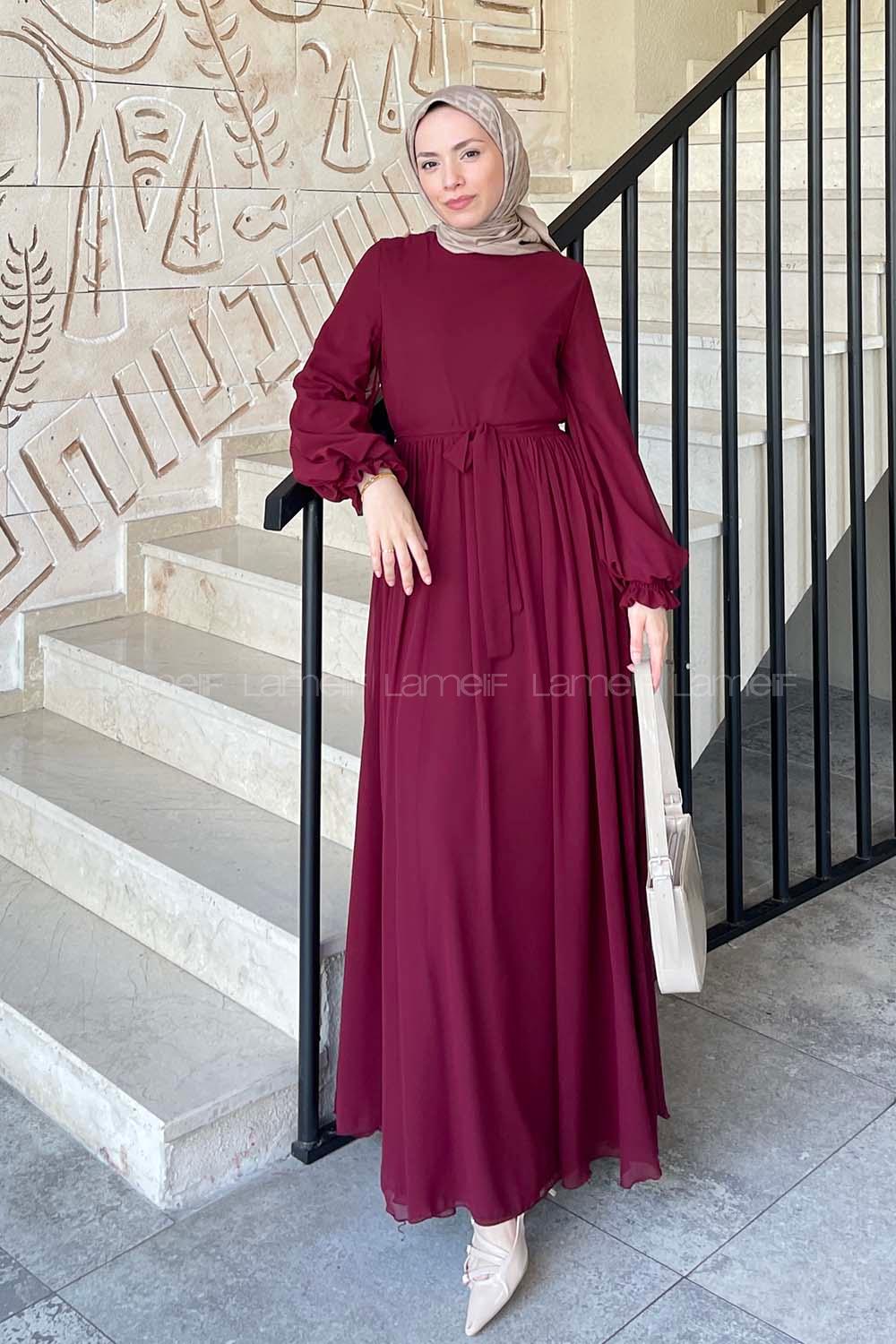 Lamelif Premium Beli Büzgü Kuşaklı Elbise Bordo