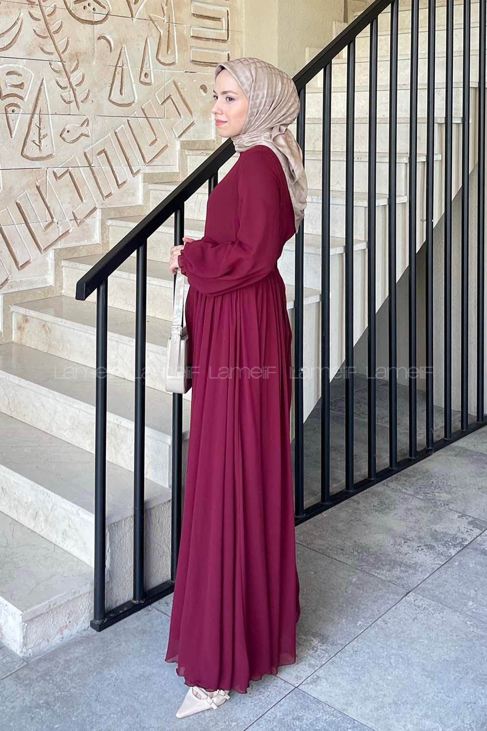Lamelif Premium Beli Büzgü Kuşaklı Elbise Bordo