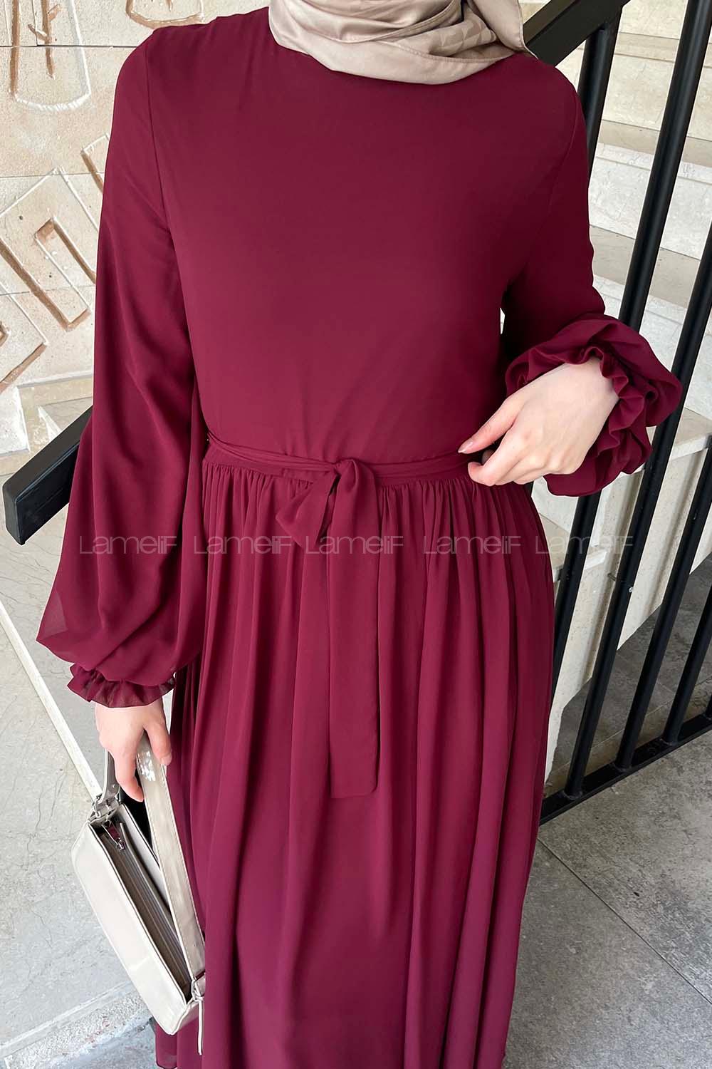 Lamelif Premium Beli Büzgü Kuşaklı Elbise Bordo