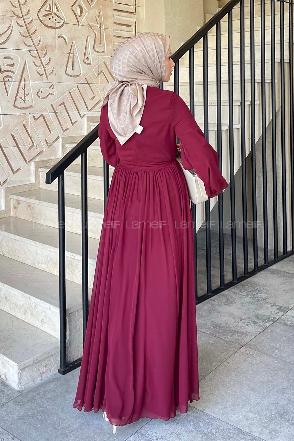 Lamelif Premium Beli Büzgü Kuşaklı Elbise Bordo