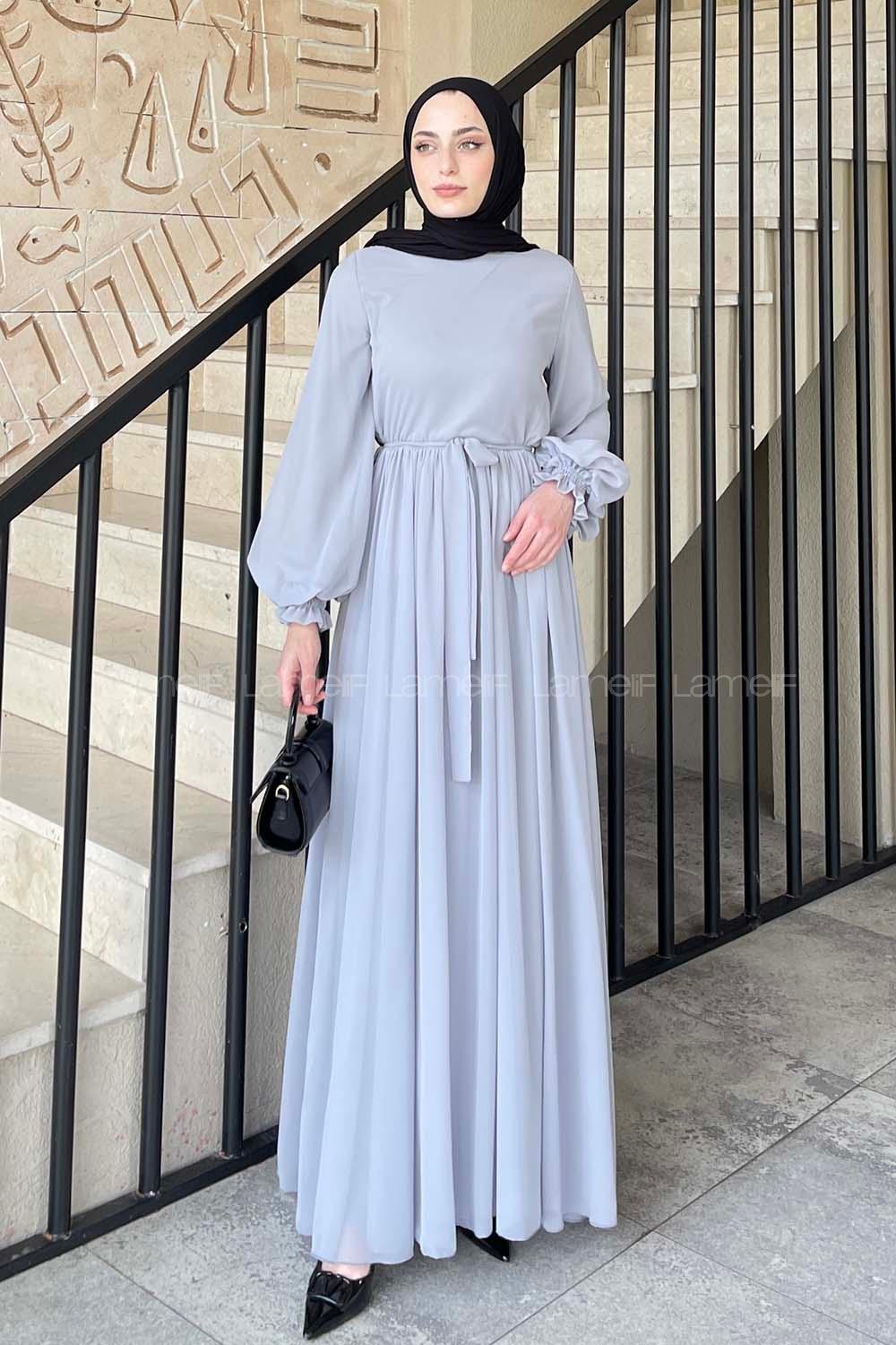 Lamelif Premium Beli Büzgü Kuşaklı Elbise Gri