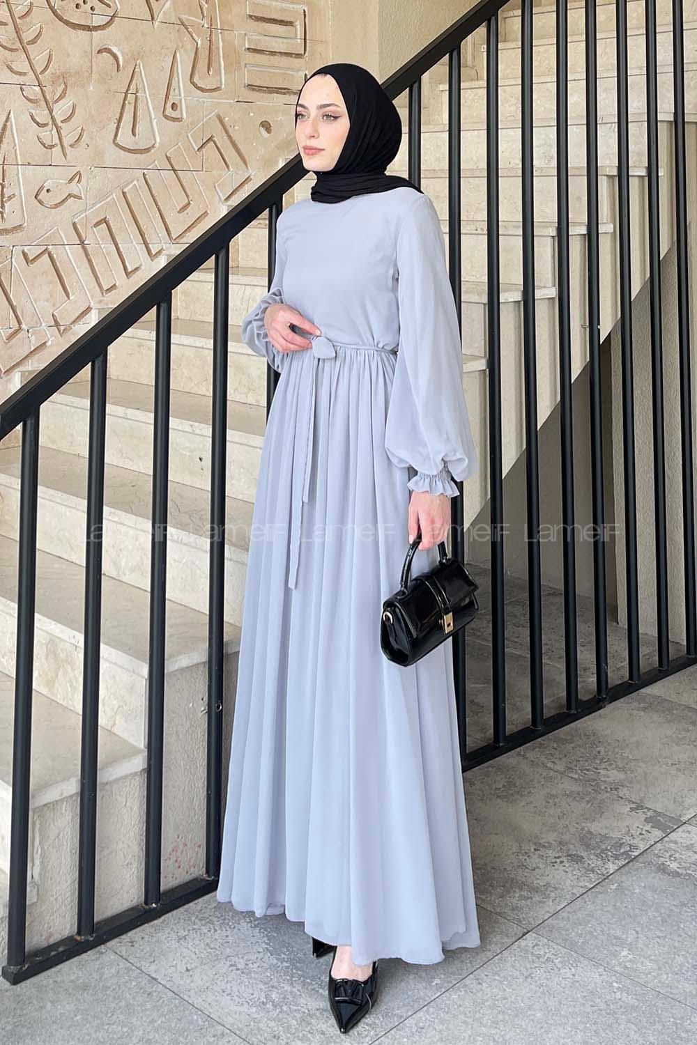 Lamelif Premium Beli Büzgü Kuşaklı Elbise Gri