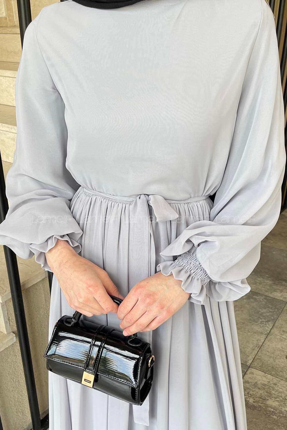 Lamelif Premium Beli Büzgü Kuşaklı Elbise Gri