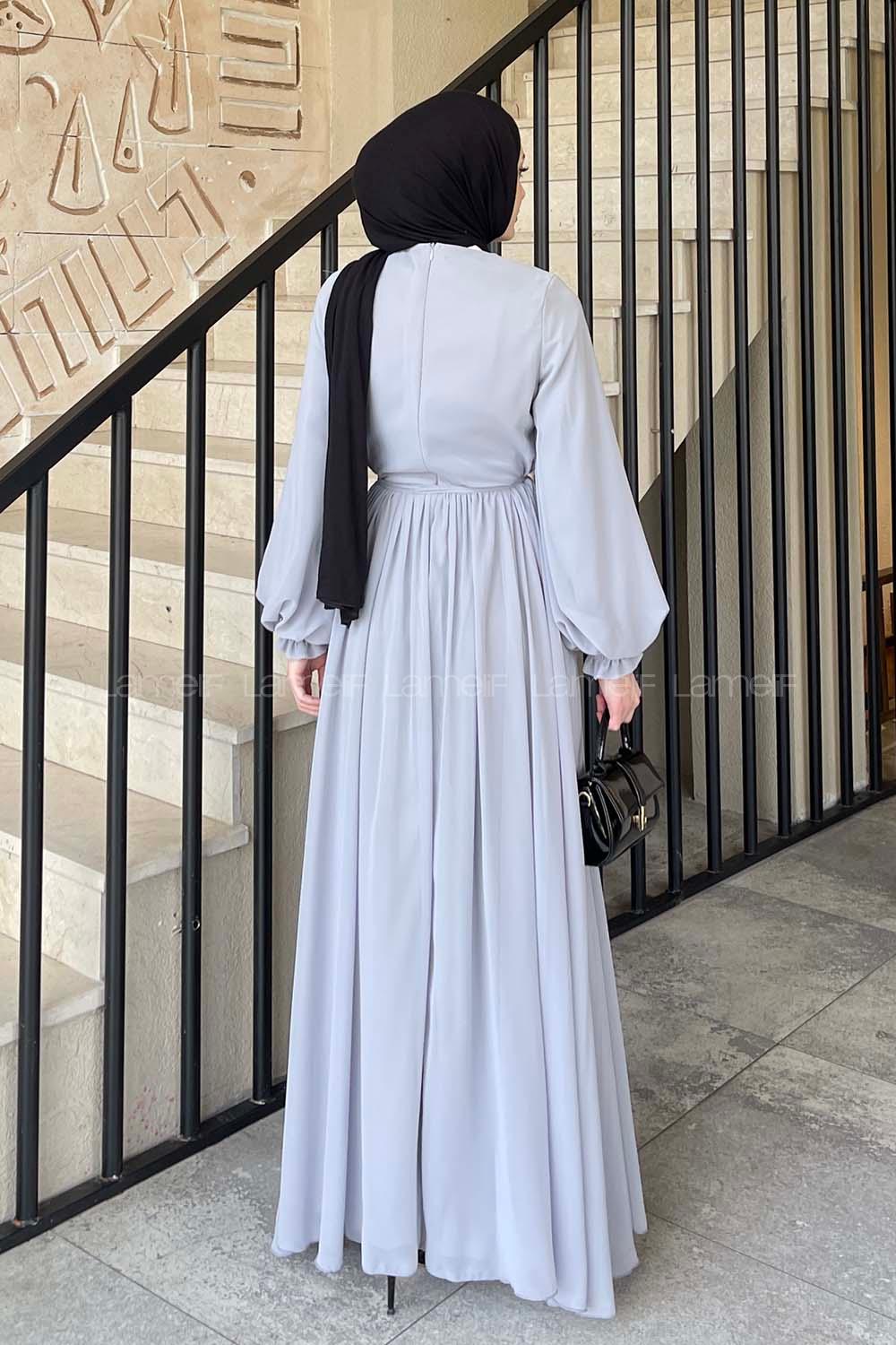 Lamelif Premium Beli Büzgü Kuşaklı Elbise Gri