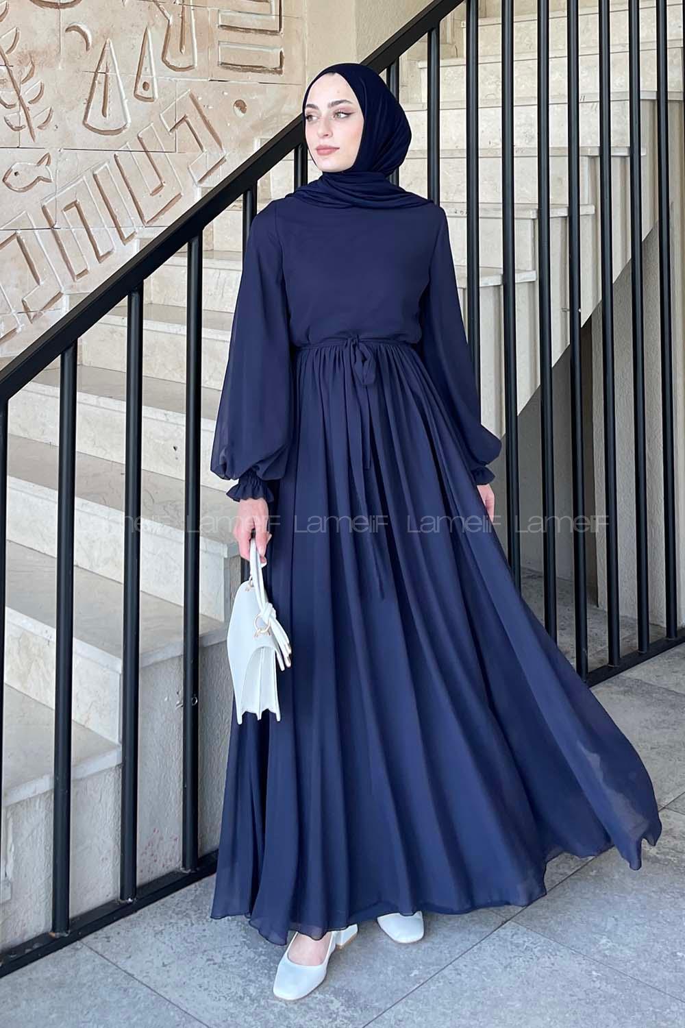 Lamelif Premium Beli Büzgü Kuşaklı Elbise Lacivert