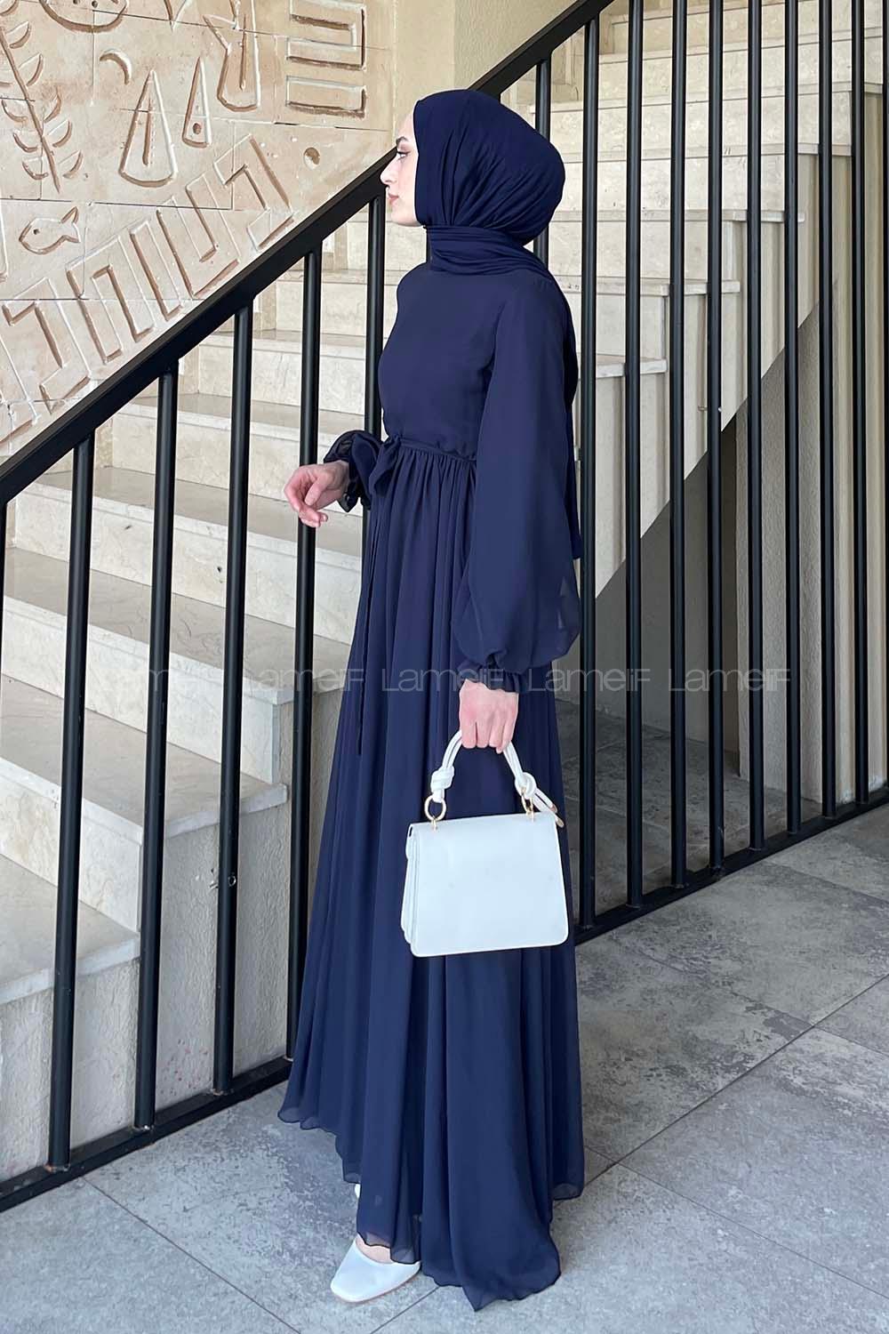 Lamelif Premium Beli Büzgü Kuşaklı Elbise Lacivert