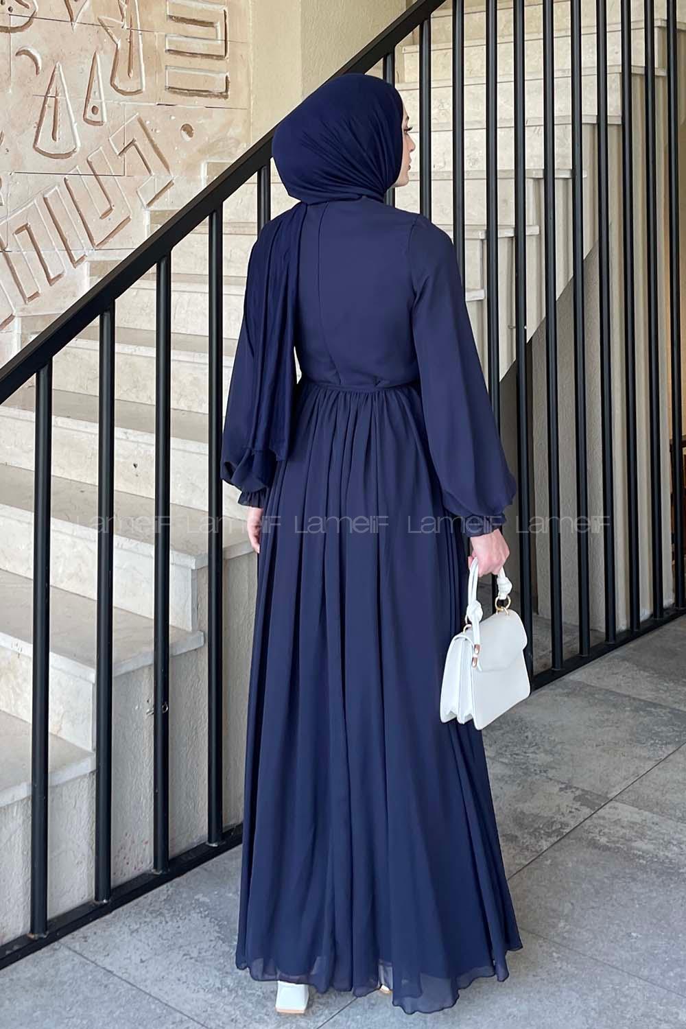 Lamelif Premium Beli Büzgü Kuşaklı Elbise Lacivert