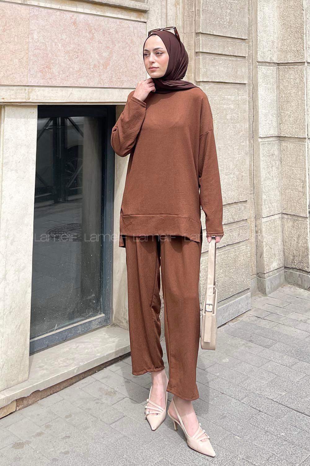 Brown Crew Neck Long Arm Poplin Fabric Trousers Comfortable Suit