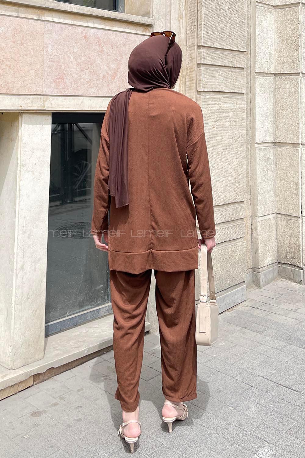 Brown Crew Neck Long Arm Poplin Fabric Trousers Comfortable Suit