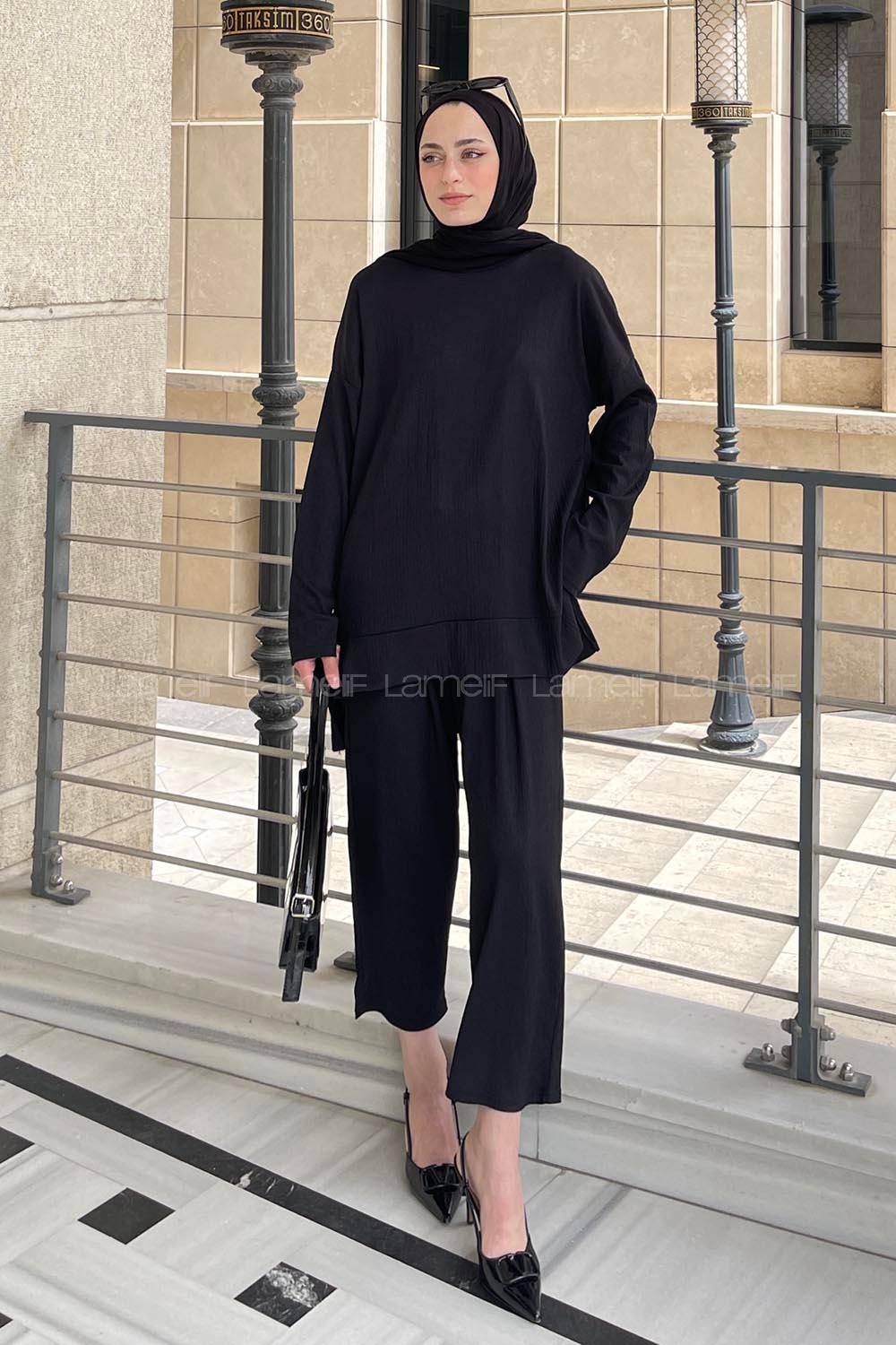 Black Crew Neck Long Arm Poplin Fabric Trousers Comfortable Suit