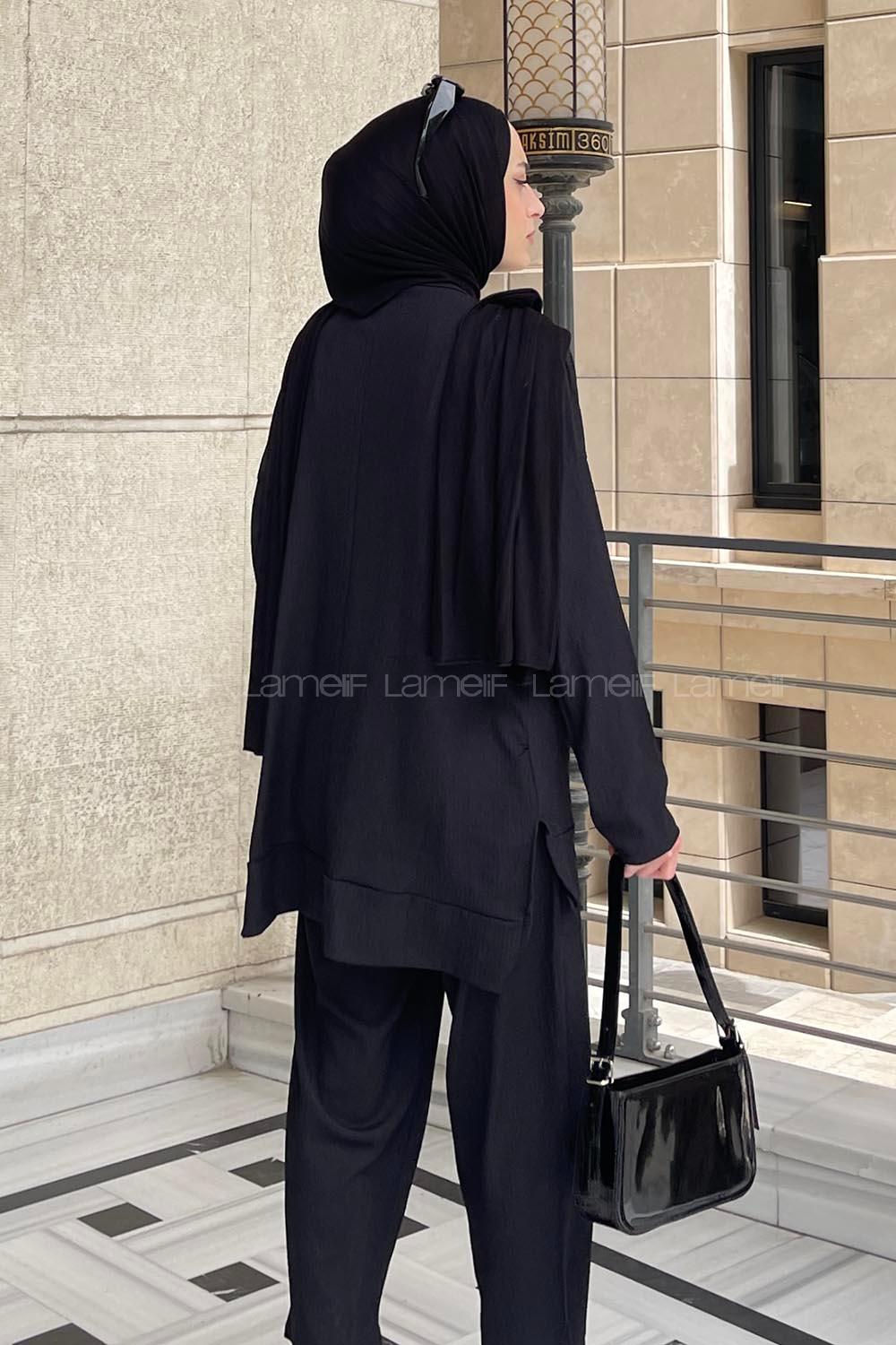 Black Crew Neck Long Arm Poplin Fabric Trousers Comfortable Suit