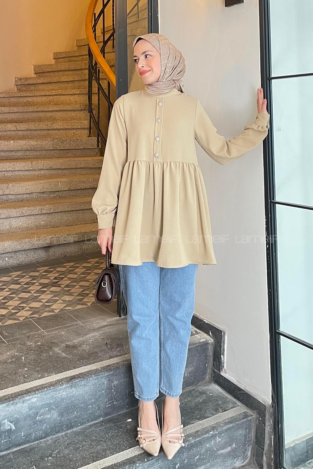 Beige Turtle Neck Poplin Fabric Tunic