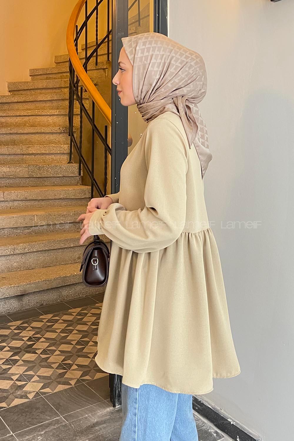 Beige Turtle Neck Poplin Fabric Tunic