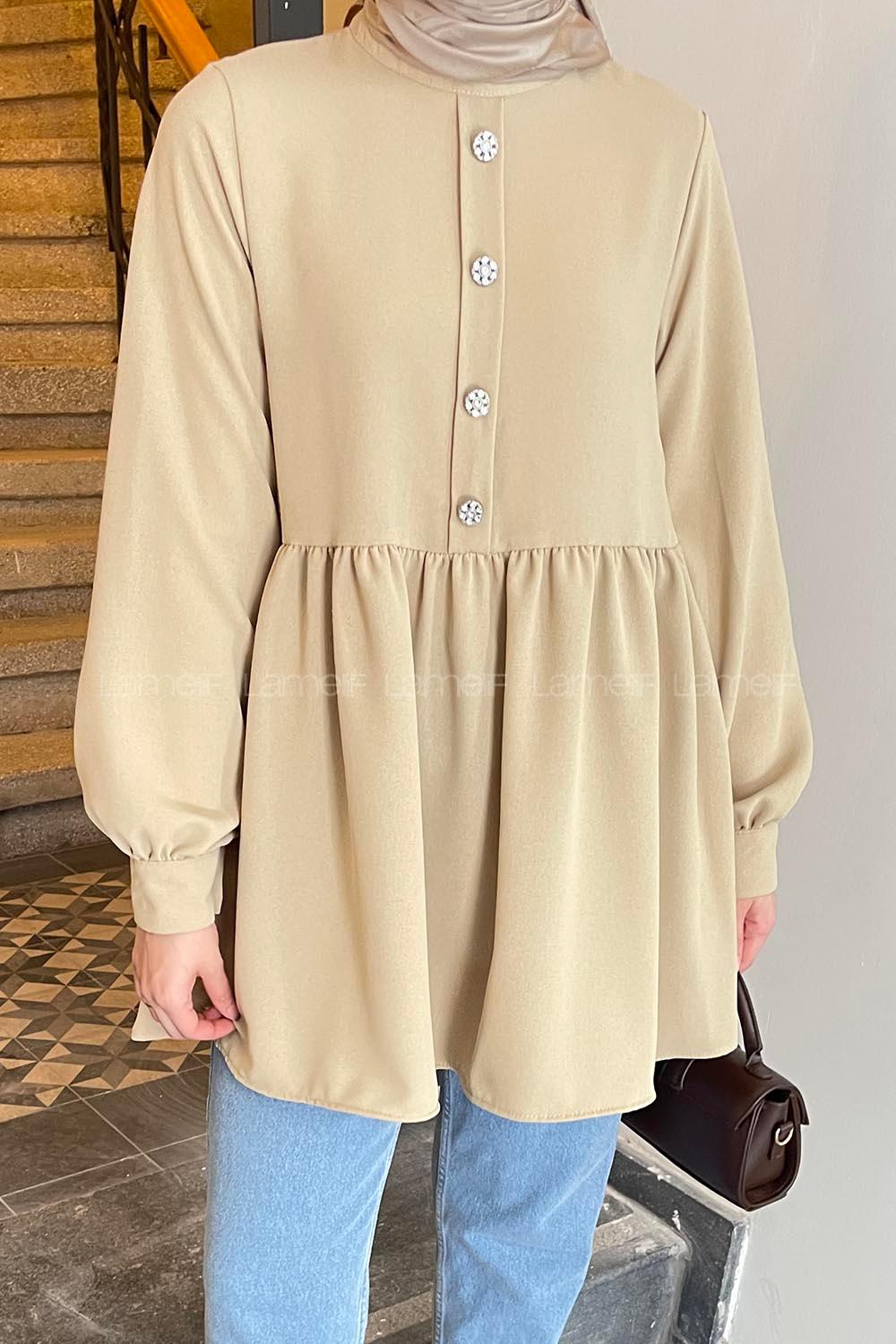 Beige Turtle Neck Poplin Fabric Tunic