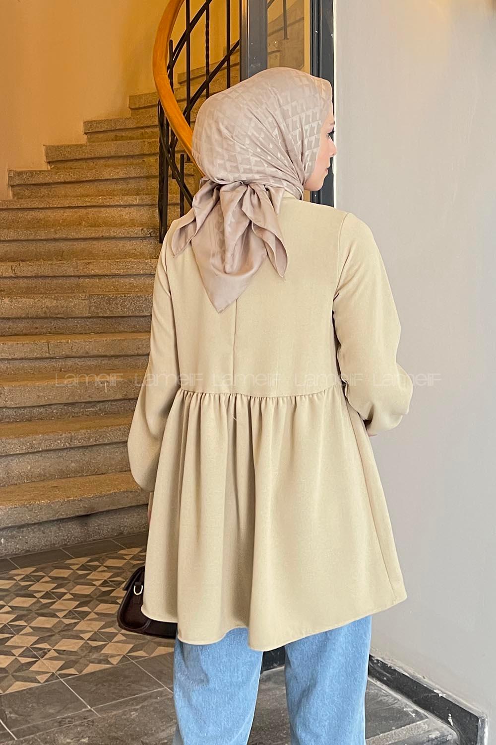 Beige Turtle Neck Poplin Fabric Tunic